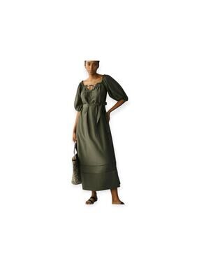 Anthropologie Women’s XL Milkmaid Cotton Silk Green Peasant Midi Dress Coastal